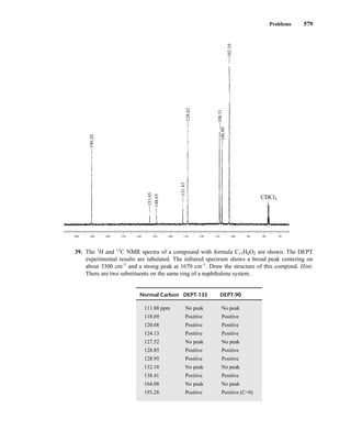 Problems 579
39. The 1
H and 13
C NMR spectra of a compound with formula C11H8O2 are shown. The DEPT
experimental results are tabulated. The infrared spectrum shows a broad peak centering on
about 3300 cm–1
and a strong peak at 1670 cm–1
. Draw the structure of this compond. Hint:
There are two substituents on the same ring of a naphthalene system.
Normal Carbon DEPT-135 DEPT-90
111.88 ppm No peak No peak
118.69 Positive Positive
120.68 Positive Positive
124.13 Positive Positive
127.52 No peak No peak
128.85 Positive Positive
128.95 Positive Positive
132.18 No peak No peak
138.41 Positive Positive
164.08 No peak No peak
193.28 Positive Positive (C=0)
200 190 180 170 160 150 140 130 120 110 100 90 80 70
190.20
153.05
148.65
131.83
128.62
108.31
106.80
102.10
CDCl3
14782_09_Ch9_p520-586.pp3.qxd 2/6/08 9:09 PM Page 579
 