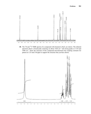 Problems 581
40. The 1
H and 13
C NMR spectra of a compound with formula C3H8O3 are shown. The infrared
spectrum shows a broad peak centering on about 3350 cm–1
and strong peaks at 1110 and
1040 cm–1
. Draw the structure of this compound and determine the coupling constants for
pattern at 3.55 and 3.64 ppm to support the structure that you have drawn.
5.1
2.88
1101.3
1.02 1.97 2.12
4.9
5.0 4.8 4.7 4.6 4.5 4.4 4.3 4.2 4.1 4.0 3.9 3.8 3.7 3.6 3.5 3.4
1097.2
1054.9
1061.6
1066.7
1085.5
1073.3
1089.9
193.28
164.08
138.41
128.95
128.85
132.18
127.52
124.13
118.69
120.68
111.88
195 190 185 180 175 170 165 160 155 150 145 140 135 130 125 120 115 110 105
14782_09_Ch9_p520-586.pp3.qxd 2/6/08 9:09 PM Page 581
 