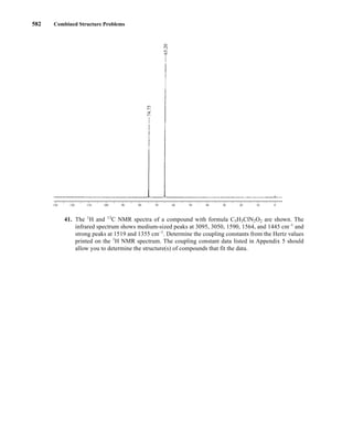 41. The 1
H and 13
C NMR spectra of a compound with formula C5H3ClN2O2 are shown. The
infrared spectrum shows medium-sized peaks at 3095, 3050, 1590, 1564, and 1445 cm–1
and
strong peaks at 1519 and 1355 cm–1
. Determine the coupling constants from the Hertz values
printed on the 1
H NMR spectrum. The coupling constant data listed in Appendix 5 should
allow you to determine the structure(s) of compounds that fit the data.
130 120 110 100 90 80 70 60 50 40 30 20 10 0
74.75
65.20
582 Combined Structure Problems
14782_09_Ch9_p520-586.pp3.qxd 2/6/08 9:09 PM Page 582
 