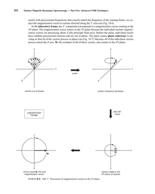 592 Nuclear Magnetic Resonance Spectroscopy • Part Five: Advanced NMR Techniques
Z
X
Y
Z
X
Y
vectors out of phase phase coherence develops
pulse
after 90°
pulse
X
Y
X
Y
M
and so does M, the bulk
magnetization vector
vectors rotate in the
XY plane (in phase)
LABORATORY
FRAME
F I G U R E 1 0 . 7 Precession of magnetization vectors in the XY plane.
nuclei with precessional frequencies that exactly match the frequency of the rotating frame, we ex-
pect the magnetization vector to remain directed along the Y⬘ axis (see Fig. 10.6).
In the laboratory frame, the Y⬘ component corresponds to a magnetization vector rotating in the
XY plane. The magnetization vector rotates in the XY plane because the individual nuclear magneti-
zation vectors are precessing about Z (the principal field axis). Before the pulse, individual nuclei
have random precessional motions and are not in phase. The pulse causes phase coherence to de-
velop so that all of the vectors precess in phase (see Fig. 10.7). Because all of the individual vectors
precess about the Z axis, M, the resultant of all of these vectors, also rotates in the XY plane.
14782_10_Ch10_p587-657.pp2.qxd 2/6/08 3:10 PM Page 592
 