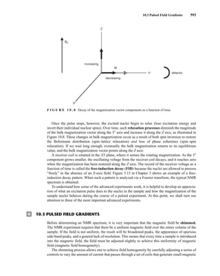 10.3 Pulsed Field Gradients 593
Once the pulse stops, however, the excited nuclei begin to relax (lose excitation energy and
invert their individual nuclear spins). Over time, such relaxation processes diminish the magnitude
of the bulk magnetization vector along the Y⬘ axis and increase it along the Z axis, as illustrated in
Figure 10.8. These changes in bulk magnetization occur as a result of both spin inversion to restore
the Boltzmann distribution (spin–lattice relaxation) and loss of phase coherence (spin–spin
relaxation). If we wait long enough, eventually the bulk magnetization returns to its equilibrium
value, and the bulk magnetization vector points along the Z axis.
A receiver coil is situated in the XY plane, where it senses the rotating magnetization. As the Y⬘
component grows smaller, the oscillating voltage from the receiver coil decays, and it reaches zero
when the magnetization has been restored along the Z axis. The record of the receiver voltage as a
function of time is called the free-induction decay (FID) because the nuclei are allowed to precess
“freely” in the absence of an X-axis field. Figure 3.15 in Chapter 3 shows an example of a free-
induction decay pattern. When such a pattern is analyzed via a Fourier transform, the typical NMR
spectrum is obtained.
To understand how some of the advanced experiments work, it is helpful to develop an apprecia-
tion of what an excitation pulse does to the nuclei in the sample and how the magnetization of the
sample nuclei behaves during the course of a pulsed experiment. At this point, we shall turn our
attention to three of the most important advanced experiments.
Z
Y′
X′
M
decreasing
increasing
detector
B0
F I G U R E 1 0 . 8 Decay of the magnetization vector components as a function of time.
10.3 PULSED FIELD GRADIENTS
Before determining an NMR spectrum, it is very important that the magnetic field be shimmed.
The NMR experiment requires that there be a uniform magnetic field over the entire volume of the
sample. If the field is not uniform, the result will be broadened peaks, the appearance of spurious
side-band peaks, and a general lack of resolution. This means that every time a sample is introduced
into the magnetic field, the field must be adjusted slightly to achieve this uniformity of magnetic
field (magnetic field homogeneity).
The shimming process allows one to achieve field homogeneity by carefully adjusting a series of
controls to vary the amount of current that passes through a set of coils that generate small magnetic
14782_10_Ch10_p587-657.pp2.qxd 2/6/08 3:10 PM Page 593
 