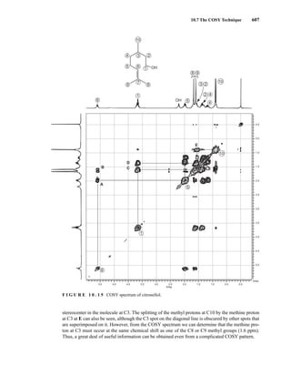 10.7 The COSY Technique 607
stereocenter in the molecule at C3. The splitting of the methyl protons at C10 by the methine proton
at C3 at E can also be seen, although the C3 spot on the diagonal line is obscured by other spots that
are superimposed on it. However, from the COSY spectrum we can determine that the methine pro-
ton at C3 must occur at the same chemical shift as one of the C8 or C9 methyl groups (1.6 ppm).
Thus, a great deal of useful information can be obtained even from a complicated COSY pattern.
PPM
4.0 3.0 2.0 1.0
4.5 3.5 2.5 1.5
5.0
PPM
0.5 0.0
3.0
2.0
1.0
0.0
3.5
2.5
1.5
0.5
4.0
4.5
5.0
1
6
5
4
4
2
2
3
9
8
5
1
6 OH
10
10
2
3
6 1
7
4
5
9 8
10
OH
B
D
E
C
A
F I G U R E 1 0 . 1 5 COSY spectrum of citronellol.
14782_10_Ch10_p587-657.pp2.qxd 2/6/08 3:10 PM Page 607
 