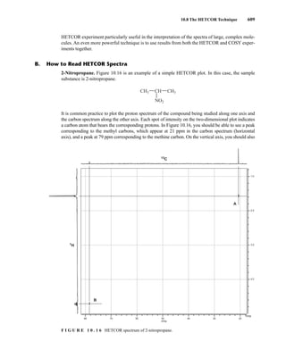 10.8 The HETCOR Technique 609
2-Nitropropane. Figure 10.16 is an example of a simple HETCOR plot. In this case, the sample
substance is 2-nitropropane.
It is common practice to plot the proton spectrum of the compound being studied along one axis and
the carbon spectrum along the other axis. Each spot of intensity on the two-dimensional plot indicates
a carbon atom that bears the corresponding protons. In Figure 10.16, you should be able to see a peak
corresponding to the methyl carbons, which appear at 21 ppm in the carbon spectrum (horizontal
axis), and a peak at 79 ppm corresponding to the methine carbon. On the vertical axis, you should also
CH3
CH3 CH
NO2
B. How to Read HETCOR Spectra
80 70 60 50 40 30 20
PPM
PPM
4.0
3.0
2.0
1.0
A
B
1
H
13
C
F I G U R E 1 0 . 1 6 HETCOR spectrum of 2-nitropropane.
HETCOR experiment particularly useful in the interpretation of the spectra of large, complex mole-
cules. An even more powerful technique is to use results from both the HETCOR and COSY exper-
iments together.
14782_10_Ch10_p587-657.pp2.qxd 2/6/08 3:10 PM Page 609
 