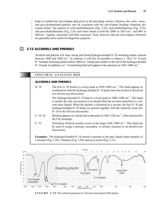 2.12 Alcohols and Phenols 47
helps to confirm the out-of-plane data given in the preceding section. Likewise, the ortho-, meta-,
and para-disubstituted patterns may be consistent with the out-of-plane bending vibrations dis-
cussed earlier. The spectra of ortho-diethylbenzene (Fig. 2.24), meta-diethylbenzene (Fig. 2.25),
and para-diethylbenzene (Fig. 2.26) each show bands in both the 2000- to 1667-cm−1
and 900- to
690-cm−1
regions, consistent with their structures. Note, however, that the out-of-plane vibrations
are generally more useful for diagnostic purposes.
2.12 ALCOHOLS AND PHENOLS
Alcohols and phenols will show strong and broad hydrogen-bonded OIH stretching bands centered
between 3400 and 3300 cm−1
. In solution, it will also be possible to observe a “free” OIH (non
HIbonded) stretching band at about 3600 cm−1
(sharp and weaker) to the left of the hydrogen-bonded
OIH peak. In addition, a CIO stretching band will appear in the spectrum at 1260–1000 cm−1
.
S P E C T R A L A N A L Y S I S B O X
ALCOHOLS AND PHENOLS
OIH The free OIH stretch is a sharp peak at 3650–3600 cm−1
. This band appears in
combination with the hydrogen-bonded OIH peak when the alcohol is dissolved
in a solvent (see discussion).
The hydrogen-bonded OIH band is a broad peak at 3400–3300 cm−1
. This band
is usually the only one present in an alcohol that has not been dissolved in a sol-
vent (neat liquid). When the alcohol is dissolved in a solvent, the free OIH and
hydrogen-bonded OIH bands are present together, with the relatively weak free
OIH on the left (see discussion).
CIOIH Bending appears as a broad and weak peak at 1440–1220 cm−1
, often obscured by
the CH3 bendings.
CIO Stretching vibration usually occurs in the range 1260–1000 cm−1
. This band can
be used to assign a primary, secondary, or tertiary structure to an alcohol (see
discussion).
Examples: The hydrogen-bonded OIH stretch is present in the pure liquid (neat) samples of
1-hexanol (Fig. 2.29), 2-butanol (Fig. 2.30), and para-cresol (Fig. 2.31).
4000 3600 3200 2800 2400 2000 1800 1600 1400 1200 1000 800 600 400
WAVENUMBERS (CM–1)
2.5 3 4 5 6 7 8 9 10 11 12 13 14 15 16 19 25
100
90
80
70
60
50
40
30
20
10
0
MICRONS
%
TRANSMITTANCE
CH3(CH2)4
CH2OH CH3 bend
CH2 bend
sp3
C–H stretch
long-chain
band
O–H stretch
H-bonded
C–O stretch
F I G U R E 2 . 2 9 The infrared spectrum of 1-hexanol (neat liquid, KBr plates).
14782_02_Ch2_p015-104.pp2.qxd 1/25/08 10:27 AM Page 47
 