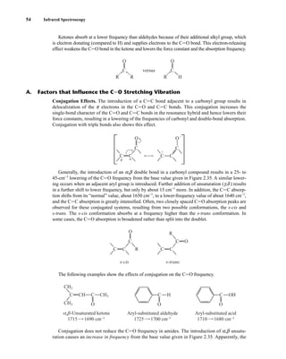 54 Infrared Spectroscopy
Ketones absorb at a lower frequency than aldehydes because of their additional alkyl group, which
is electron donating (compared to H) and supplies electrons to the CJO bond. This electron-releasing
effect weakens the CJO bond in the ketone and lowers the force constant and the absorption frequency.
O
C
R R
O
C
R H
versus
Conjugation Effects. The introduction of a CJC bond adjacent to a carbonyl group results in
delocalization of the p electrons in the CJO and CJC bonds. This conjugation increases the
single-bond character of the CJO and CJC bonds in the resonance hybrid and hence lowers their
force constants, resulting in a lowering of the frequencies of carbonyl and double-bond absorption.
Conjugation with triple bonds also shows this effect.
Generally, the introduction of an a,b double bond in a carbonyl compound results in a 25- to
45-cm−1
lowering of the CJO frequency from the base value given in Figure 2.35. A similar lower-
ing occurs when an adjacent aryl group is introduced. Further addition of unsaturation (g,d ) results
in a further shift to lower frequency, but only by about 15 cm−1
more. In addition, the CJC absorp-
tion shifts from its “normal” value, about 1650 cm−1
, to a lower-frequency value of about 1640 cm−1
,
and the CJC absorption is greatly intensified. Often, two closely spaced CJO absorption peaks are
observed for these conjugated systems, resulting from two possible conformations, the s-cis and
s-trans. The s-cis conformation absorbs at a frequency higher than the s-trans conformation. In
some cases, the CJO absorption is broadened rather than split into the doublet.
The following examples show the effects of conjugation on the CJO frequency.
Conjugation does not reduce the CJO frequency in amides. The introduction of a,b unsatu-
ration causes an increase in frequency from the base value given in Figure 2.35. Apparently, the
C
O
H C
O
OH
O
C C
CH CH3
CH3
CH3
1715 1690 cm–1 1725 1700 cm–1 1710 1680 cm–1
α,β Aryl-substituted aldehyde Aryl-substituted acid
-Unsaturated ketone
O
C C R
C
C C
R
C O
s-cis s-trans
O
C C
C
+
–
β α
O
C C
C
A. Factors that Influence the CJO Stretching Vibration
14782_02_Ch2_p015-104.pp2.qxd 1/25/08 10:27 AM Page 54
 