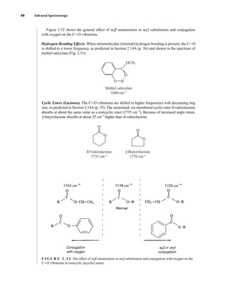 68 Infrared Spectroscopy
Figure 2.52 shows the general effect of a,b unsaturation or aryl substitution and conjugation
with oxygen on the CJO vibrations.
Hydrogen-Bonding Effects. When intramolecular (internal) hydrogen bonding is present, the CJO
is shifted to a lower frequency, as predicted in Section 2.14A (p. 56) and shown in the spectrum of
methyl salicylate (Fig. 2.51).
Cyclic Esters (Lactones). The CJO vibrations are shifted to higher frequencies with decreasing ring
size, as predicted in Section 2.14A (p. 55). The unstrained, six-membered cyclic ester d-valerolactone
absorbs at about the same value as a noncyclic ester (1735 cm−1
). Because of increased angle strain,
g-butyrolactone absorbs at about 35 cm−1
higher than d-valerolactone.
δ-Valerolactone
1735 cm–1
O
O
O
O
γ-Butyrolactone
1770 cm–1
O
O
C
H
OCH3
Methyl salicylate
1680 cm–1
•
•
•
F I G U R E 2 . 5 2 The effect of a,b unsaturation or aryl substitution and conjugation with oxygen on the
CJO vibrations in noncyclic (acyclic) esters.
14782_02_Ch2_p015-104.pp2.qxd 1/25/08 10:27 AM Page 68
 