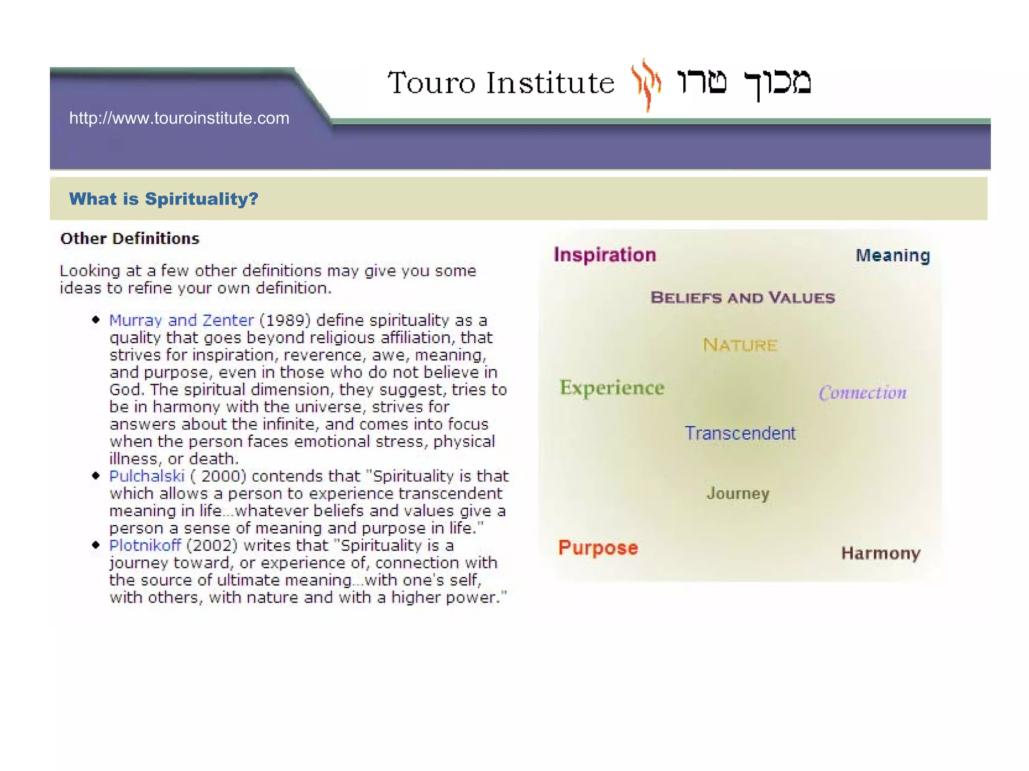http://www.touroinstitute.com
What is Spirituality?
 