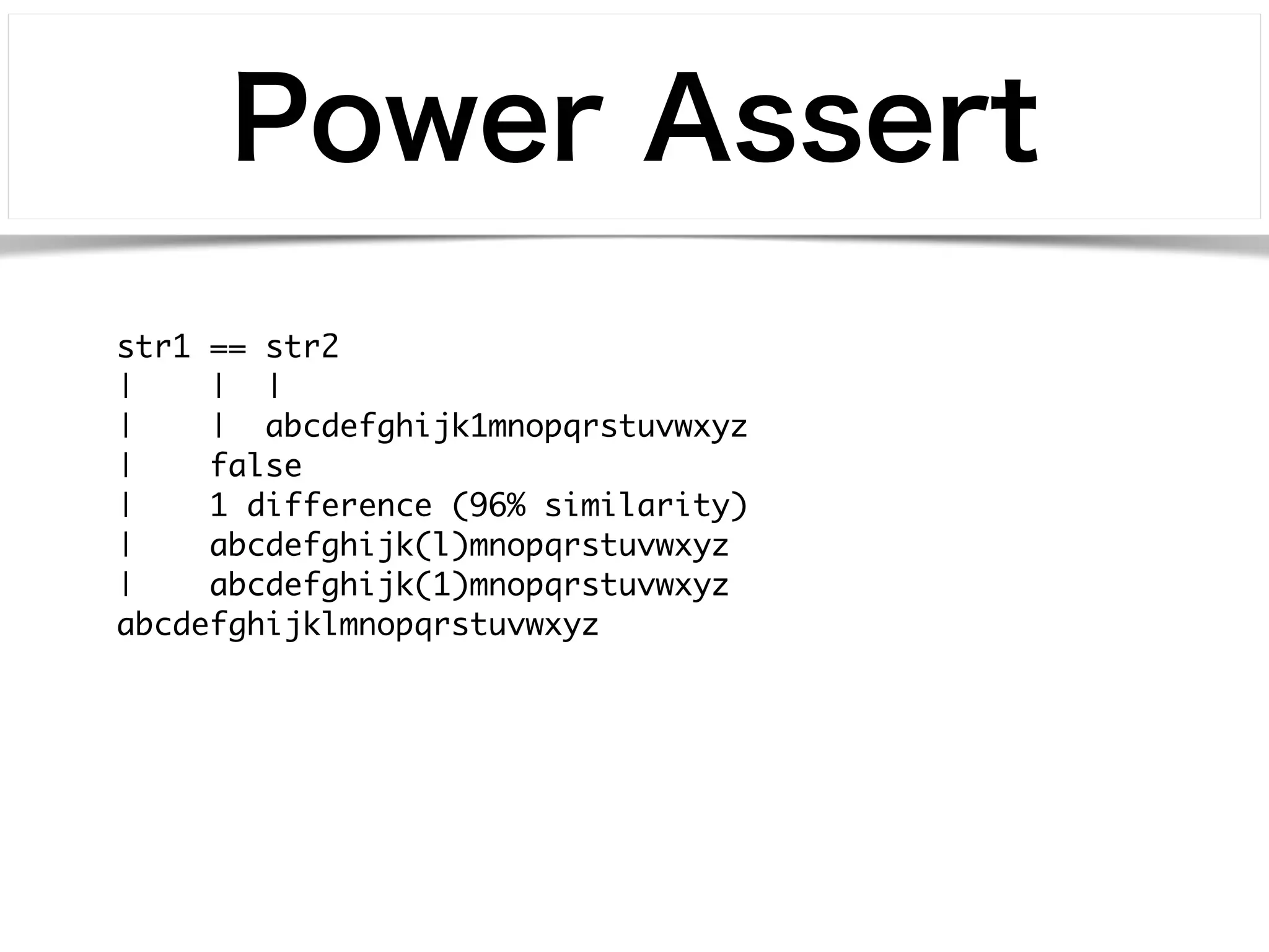 Power Assert 
str1 == str2 
| | | 
| | abcdefghijk1mnopqrstuvwxyz 
| false 
| 1 difference (96% similarity) 
| abcdefghijk(l)mnopqrstuvwxyz 
| abcdefghijk(1)mnopqrstuvwxyz 
abcdefghijklmnopqrstuvwxyz 
 