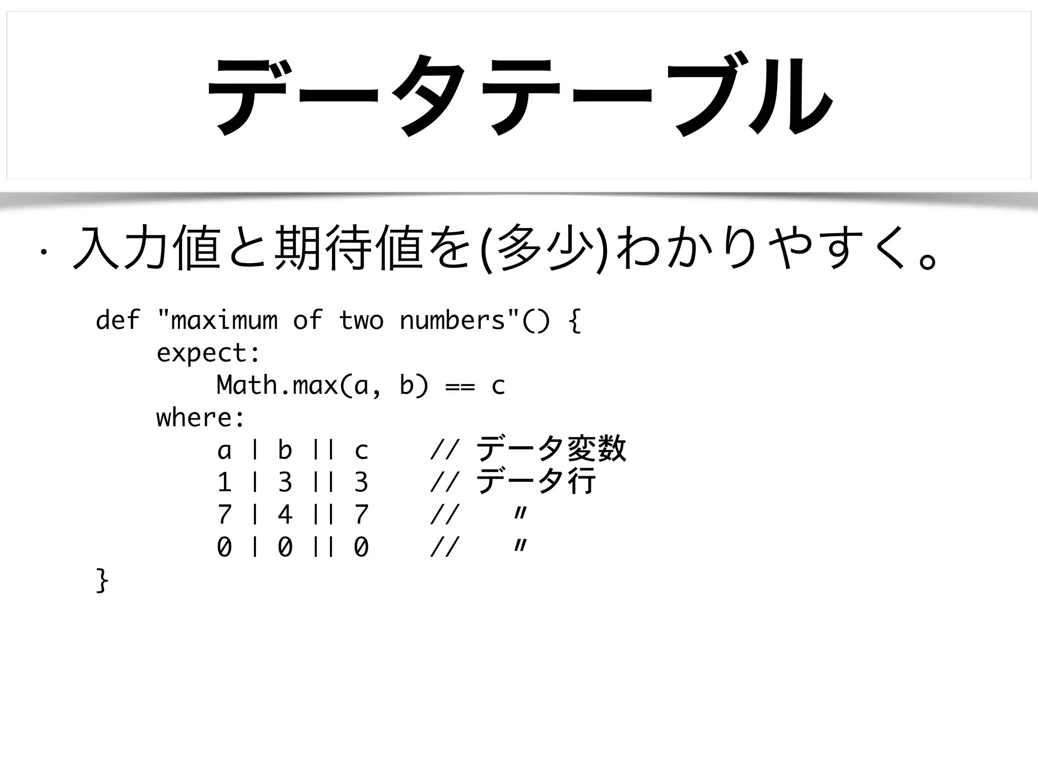 データテーブル 
• 入力値と期待値を(多少)わかりやすく。 
def "maximum of two numbers"() { 
expect: 
Math.max(a, b) == c 
where: 
a | b || c // データ変数 
1 | 3 || 3 // データ行 
7 | 4 || 7 // 〃 
0 | 0 || 0 // 〃 
} 
 