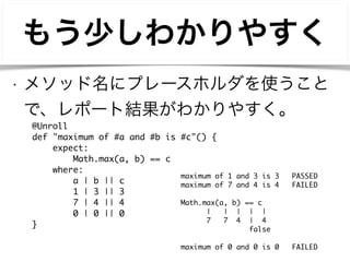 もう少しわかりやすく 
• メソッド名にプレースホルダを使うこと 
で、レポート結果がわかりやすく。 
@Unroll 
def "maximum of #a and #b is #c"() { 
expect: 
Math.max(a, b) == c 
where: 
a | b || c 
1 | 3 || 3 
7 | 4 || 4 
0 | 0 || 0 
} 
maximum of 1 and 3 is 3 PASSED 
maximum of 7 and 4 is 4 FAILED 
! 
Math.max(a, b) == c 
| | | | | 
7 7 4 | 4 
false 
! 
maximum of 0 and 0 is 0 FAILED 
 