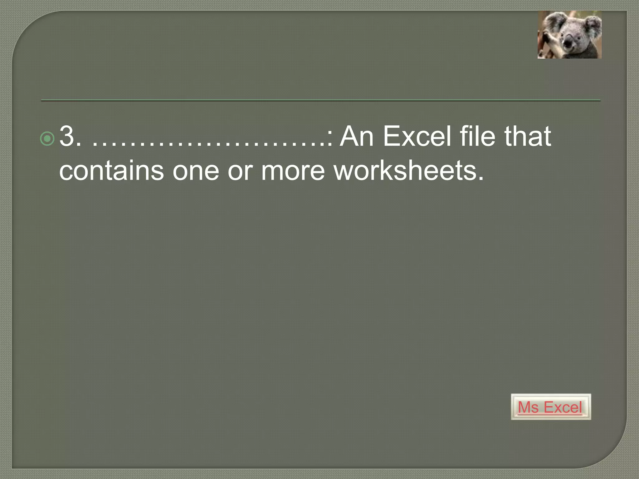 Ms Excel
3. …………………….: An Excel file that
contains one or more worksheets.
 
