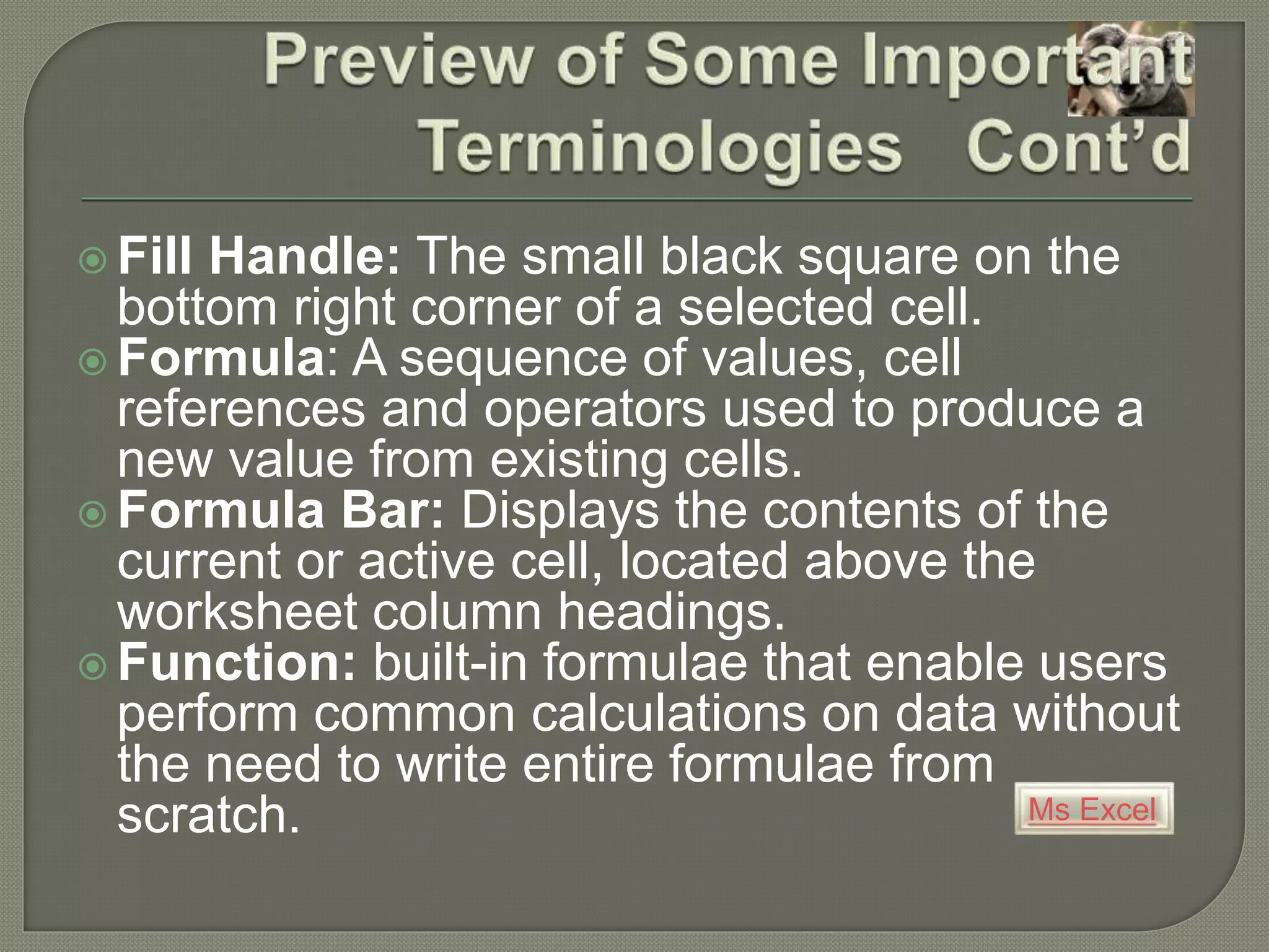 Ms Excel
 Fill Handle: The small black square on the
bottom right corner of a selected cell.
 Formula: A sequence of values, cell
references and operators used to produce a
new value from existing cells.
 Formula Bar: Displays the contents of the
current or active cell, located above the
worksheet column headings.
 Function: built-in formulae that enable users
perform common calculations on data without
the need to write entire formulae from
scratch.
 