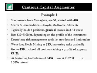 Cautious Capital Augmenter Understanding the concepts of support and resistance is vital in developing a disciplined trading strategy.  Prices are dynamic, reflecting the continuing change in the balance between supply and demand.  By identifying the price levels at which these balances change we can plan not only the price level at which to purchase but also the level at which we can subsequently sell (and vice versa for a short trade).  Whilst these levels may be created by the markets subconsciously they represent the collective opinions of the participants in the markets.  Example 1 Shop-owner from Monaghan, age 51, started with  40k Shares & Commodities….Lloyds, Medtronic, Silver etc Typically holds 4 positions,  gradual  stakes, in 3 / 4 weeks Bets €10-€100/pt, depending on the profile of the instrument Doesn’t use risk management tools i.e. stop-loss and limit orders Went long Hecla Mining at  333 , increasing stake gradually Got to  430 … closed all positions, taking a  profit of approx €7.2k At beginning had balance of  €43k,  now at €107.5k……. a  150%  return! 