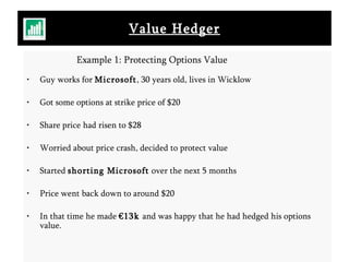Value Hedger Example 1: Protecting Options Value Guy works for  Microsoft , 30 years old, lives in Wicklow Got some options at strike price of $20  Share price had risen to $28 Worried about price crash, decided to protect value Started  shorting Microsoft  over the next 5 months Price went back down to around $20 In that time he made  €13k  and was happy that he had hedged his options value.                                                       