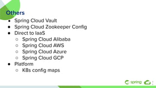 Others
● Spring Cloud Vault
● Spring Cloud Zookeeper Conﬁg
● Direct to IaaS
○ Spring Cloud Alibaba
○ Spring Cloud AWS
○ Spring Cloud Azure
○ Spring Cloud GCP
● Platform
○ K8s conﬁg maps
1
1
 