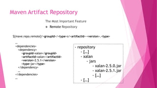 Maven Artifact Repository
The Most Important Feature
 Remote Repository
…
<dependencies>
<dependency>
<groupId>xalan</groupId>
<artifactId>xalan</artifactId>
<version>2.5.1</version>
<type>jar</type>
</dependency>
…
</dependencies>
…
${mave.repo.remote}/<groupId>/<type>s/<artifactId>-<version>.<type>
- repository
- […]
- xalan
- jars
- xalan-2.5.0.jar
- xalan-2.5.1.jar
- […]
- […]
 