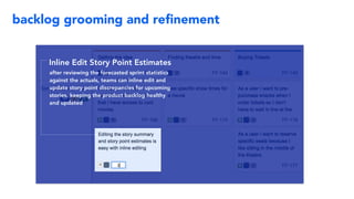 backlog grooming and reﬁnement
Inline Edit Story Point Estimates
after reviewing the forecasted sprint statistics
against the actuals, teams can inline edit and
update story point discrepancies for upcoming
stories, keeping the product backlog healthy
and updated
 