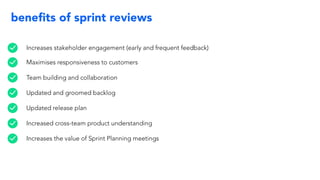 beneﬁts of sprint reviews
Increases stakeholder engagement (early and frequent feedback)
Maximises responsiveness to customers
Team building and collaboration
Updated and groomed backlog
Updated release plan
Increased cross-team product understanding
Increases the value of Sprint Planning meetings
 