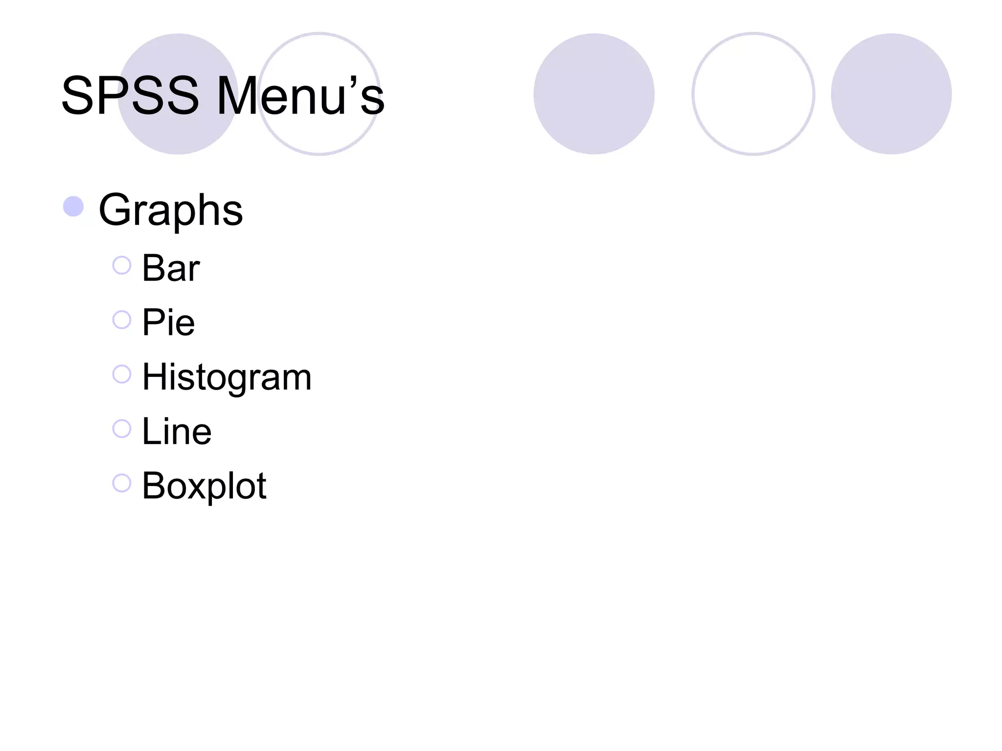 SPSS Menu’s Graphs Bar Pie Histogram Line Boxplot 