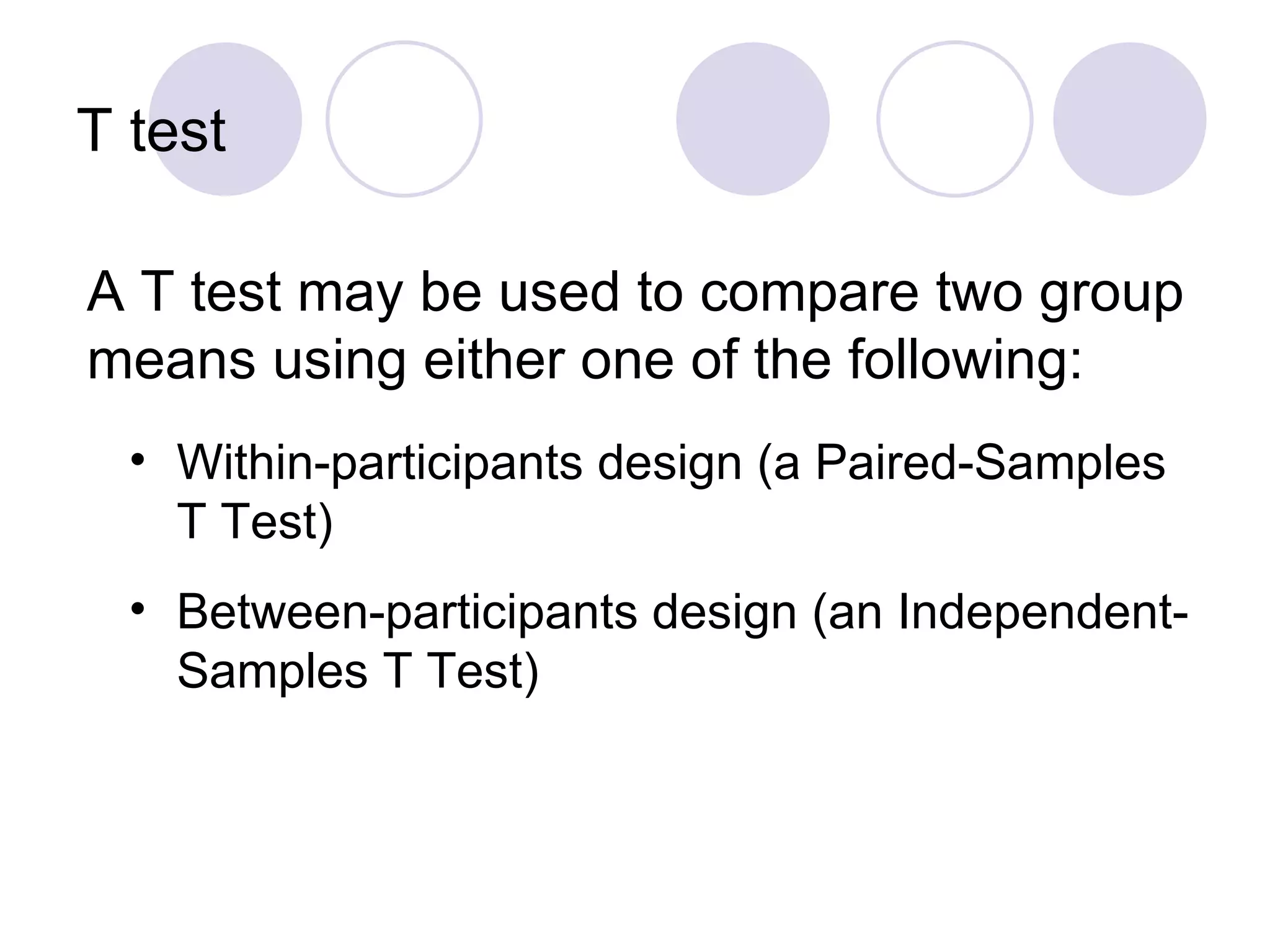 T   test A T test may be used to compare two group means using either one of the following: Within-participants design (a Paired-Samples T Test) Between-participants design (an Independent-Samples T Test) 