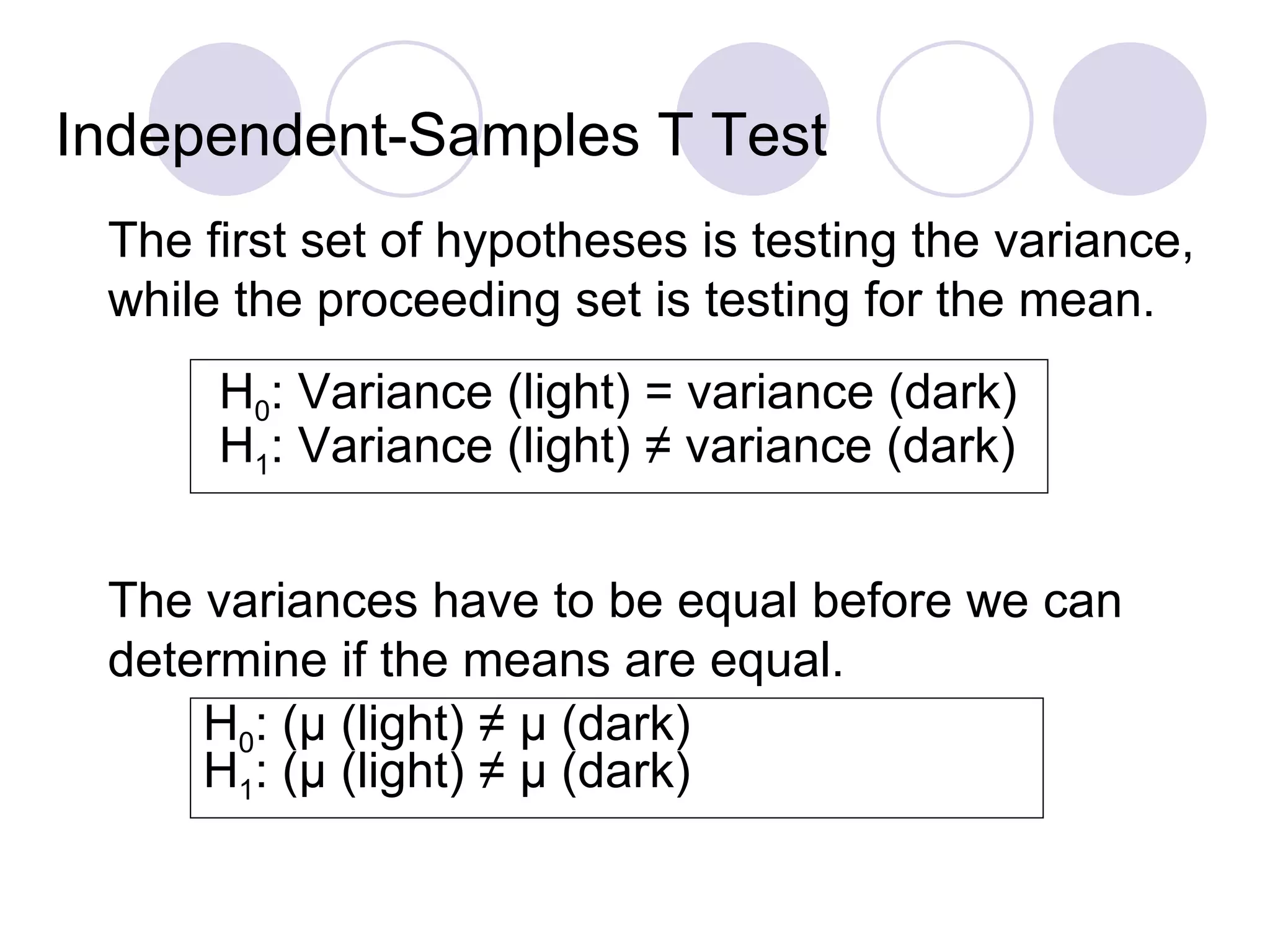 Independent-Samples T Test The first set of hypotheses is testing the variance, while the proceeding set is testing for the mean. The variances have to be equal before we can determine if the means are equal.   H 0 : (µ (light) ≠ µ (dark)  H 1 : (µ (light) ≠ µ (dark) H 0 : Variance (light) = variance (dark) H 1 : Variance (light) ≠ variance (dark) 
