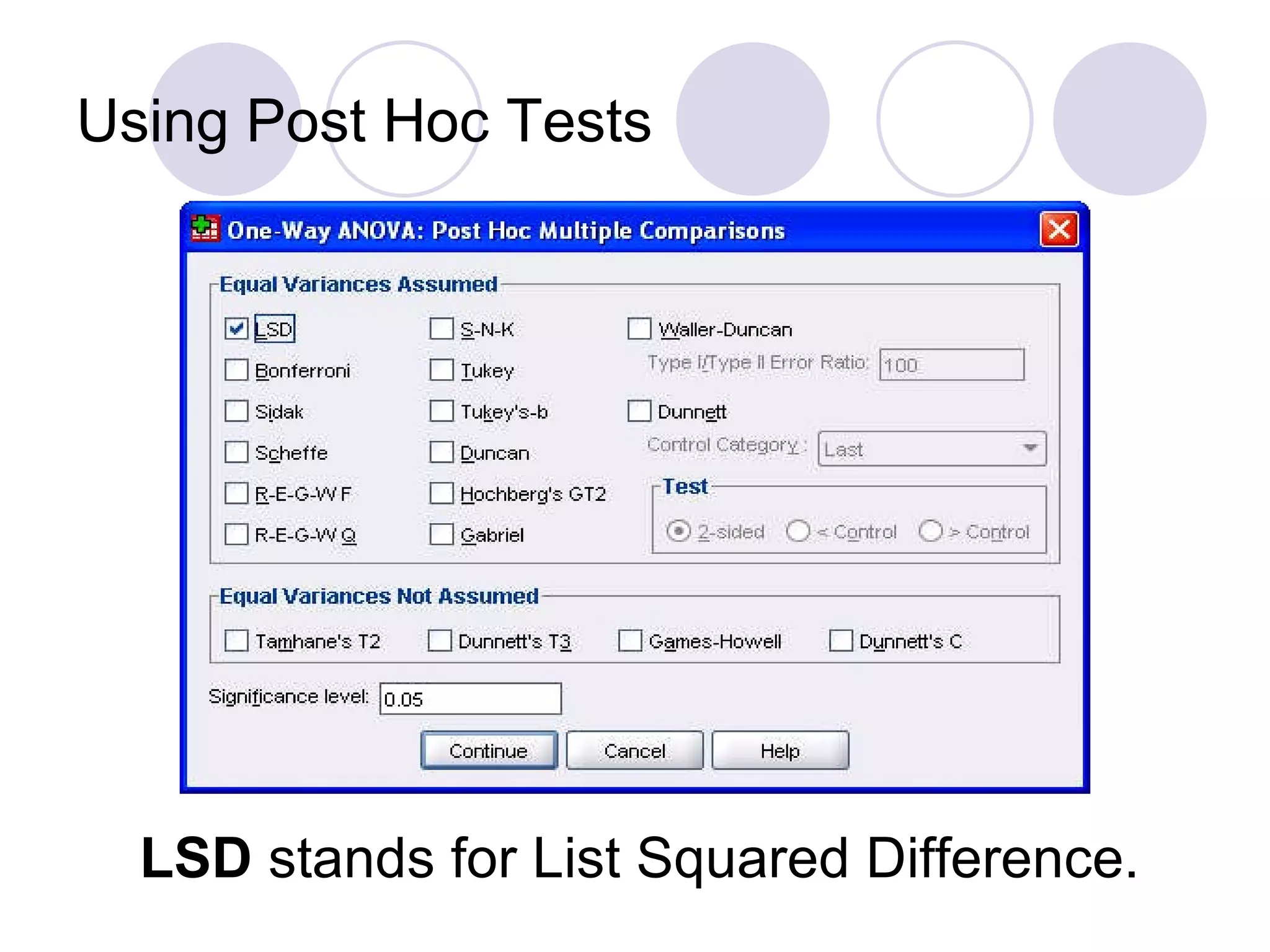Using Post Hoc Tests LSD  stands for List Squared Difference. 
