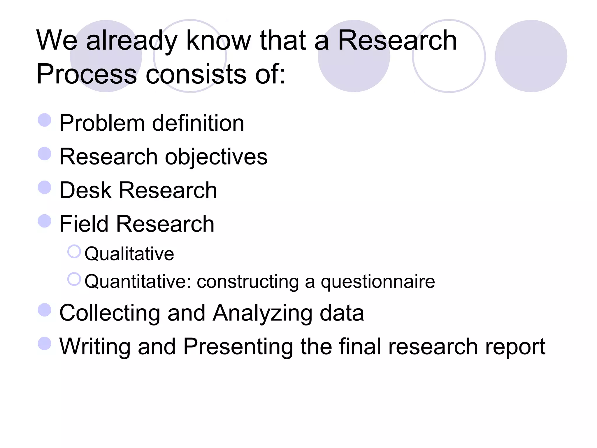 We already know that a Research
Process consists of:
Problem definition
Research objectives
Desk Research
Field Research
Qualitative
Quantitative: constructing a questionnaire
Collecting and Analyzing data
Writing and Presenting the final research report
 