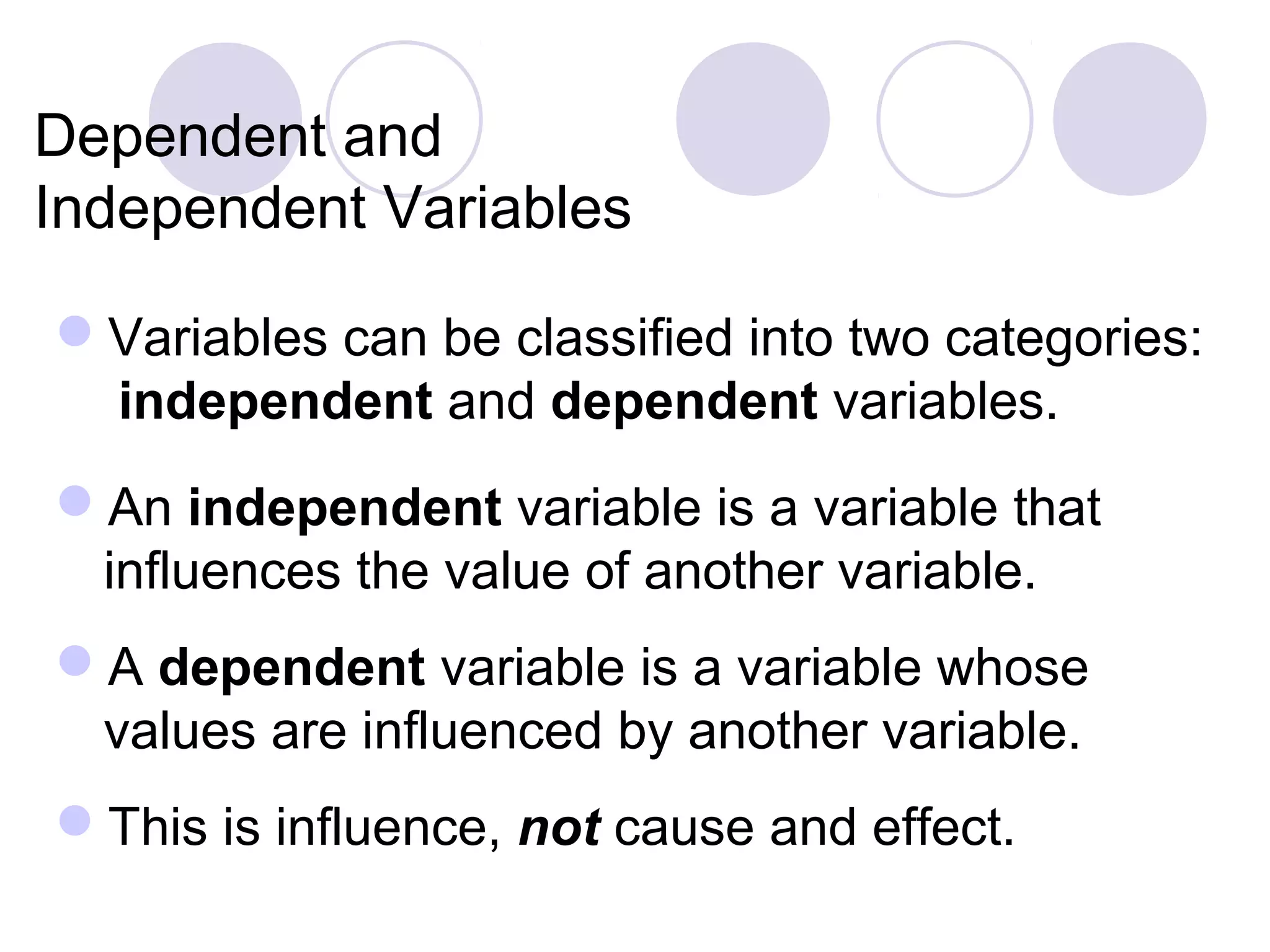 Dependent and
Independent Variables
Variables can be classified into two categories:
independent and dependent variables.
An independent variable is a variable that
influences the value of another variable.
A dependent variable is a variable whose
values are influenced by another variable.
This is influence, not cause and effect.
 