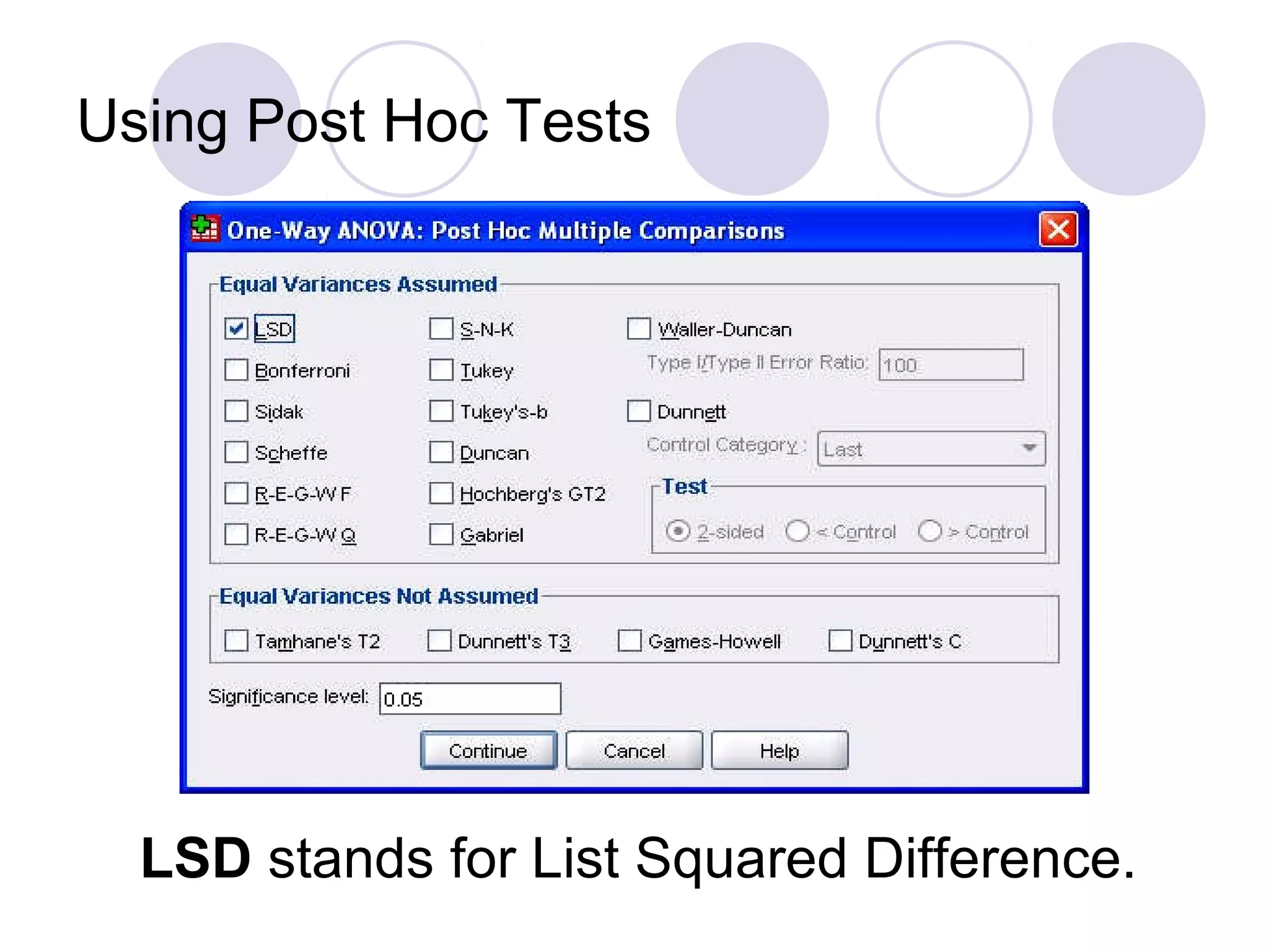 Using Post Hoc Tests
LSD stands for List Squared Difference.
 