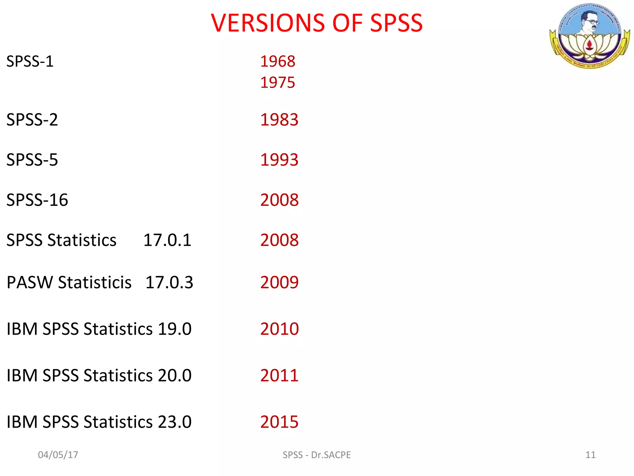 SPSS-1 1968
1975
SPSS-2 1983
SPSS-5 1993
SPSS-16 2008
SPSS Statistics 17.0.1 2008
PASW Statisticis 17.0.3 2009
IBM SPSS Statistics 19.0 2010
IBM SPSS Statistics 20.0 2011
IBM SPSS Statistics 23.0 2015
VERSIONS OF SPSS
04/05/17 11SPSS - Dr.SACPE
 