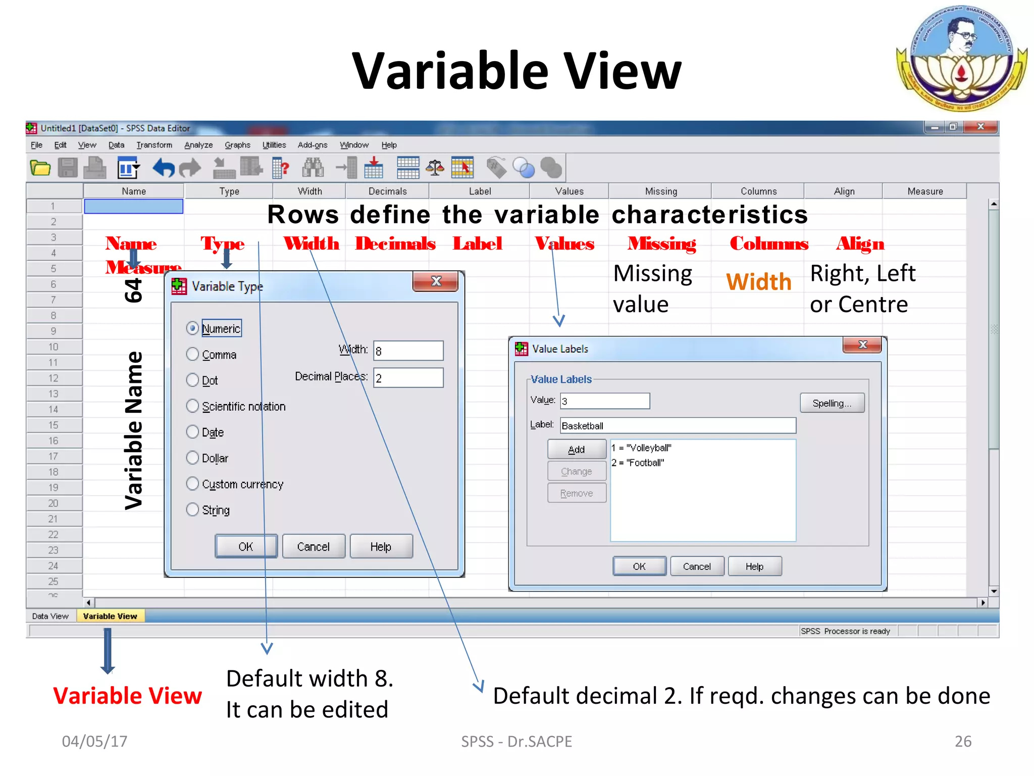 04/05/17 26SPSS - Dr.SACPE
Variable View
Variable View
Name Type Width Decimals Label Values Missing Columns Align
Measure
Rows define the variable characteristics
VariableName64
Default decimal 2. If reqd. changes can be done
Default width 8.
It can be edited
Right, Left
or Centre
WidthMissing
value
 