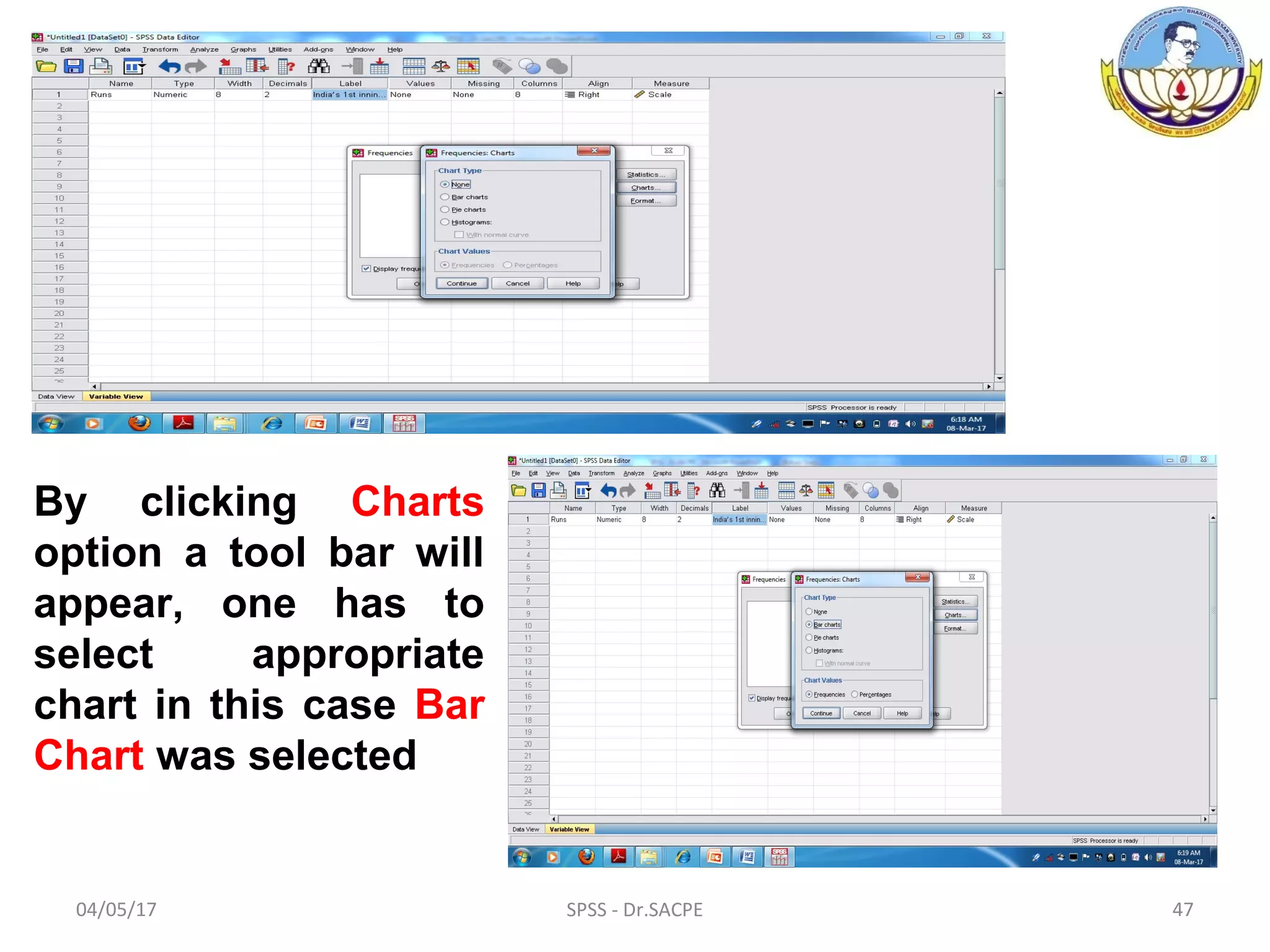 04/05/17 SPSS - Dr.SACPE 47
By clicking Charts
option a tool bar will
appear, one has to
select appropriate
chart in this case Bar
Chart was selected
 