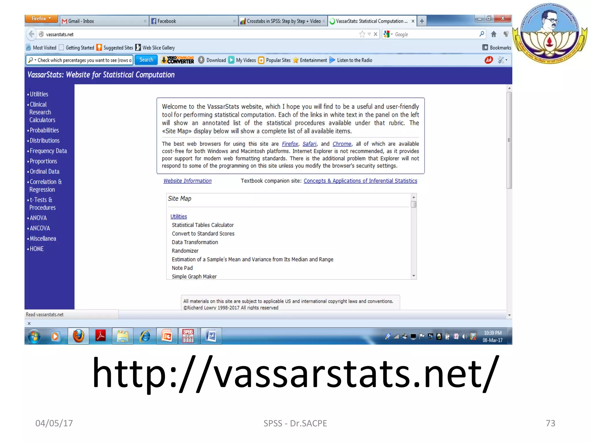 04/05/17 SPSS - Dr.SACPE 73
http://vassarstats.net/
 