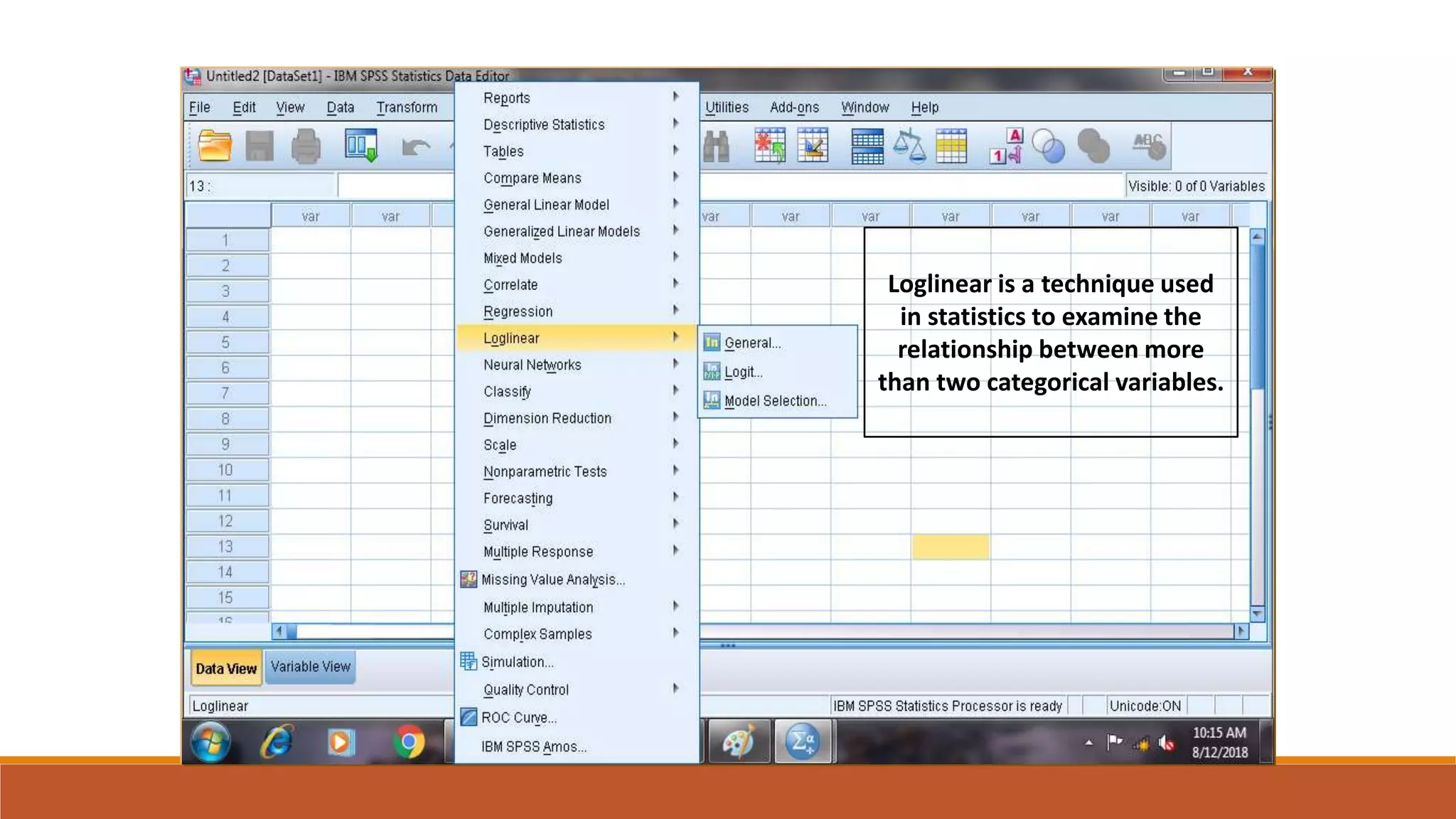 Loglinear is a technique used
in statistics to examine the
relationship between more
than two categorical variables.
 