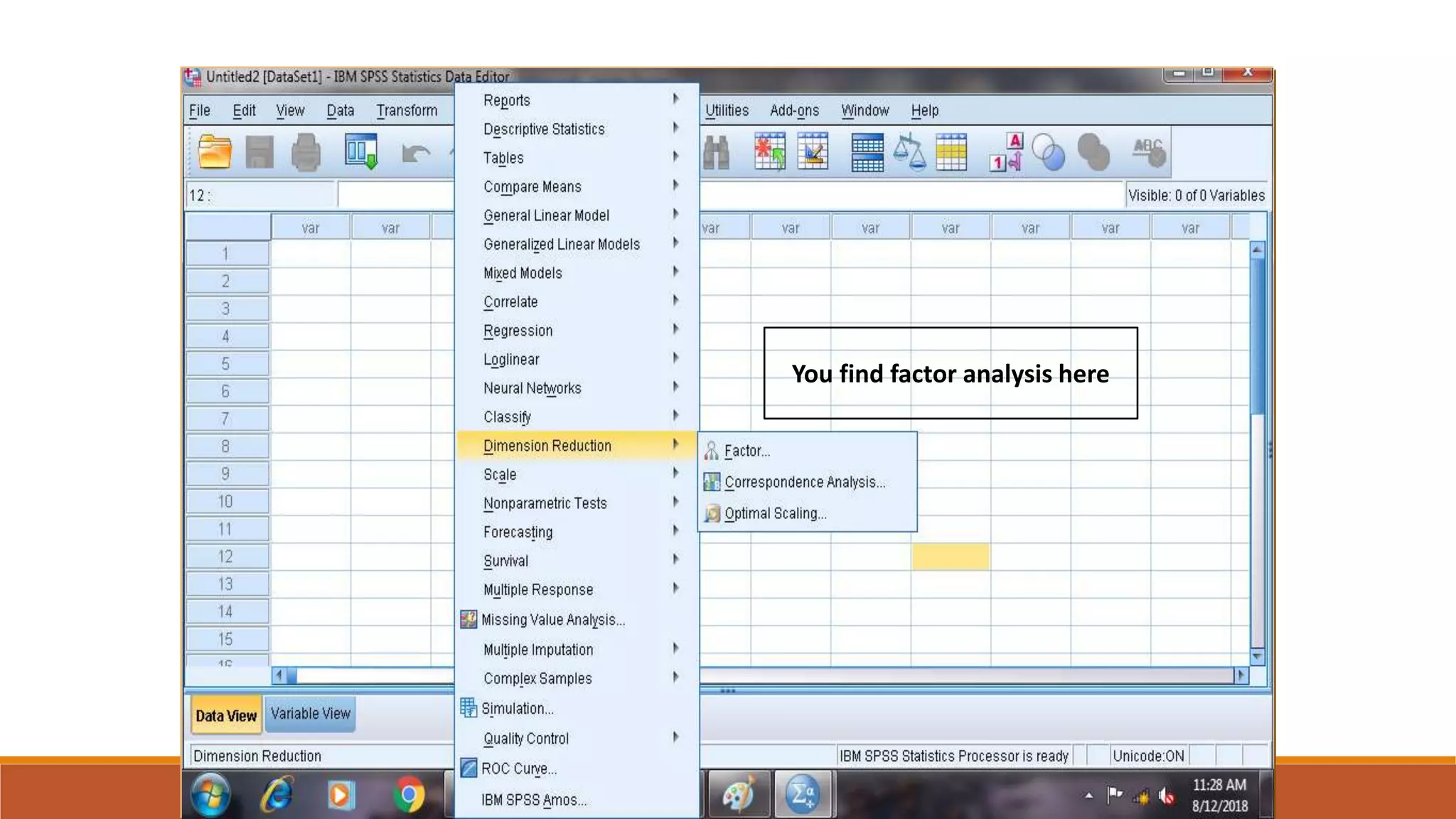 You find factor analysis here
 