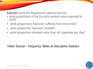 Exercise Using the frequencies options find out
• what proportion of the foundry workers were exposed to
dust?
• what proportions had ever suffered from bronchitis?
• what proportion had ever smoked?
• what proportion smoked more than 40 cigarettes per day?
Video Tutorial – Frequency Tables & Descriptive Statistics
DATALOG EDUCATIONAL CONSULT
13
 