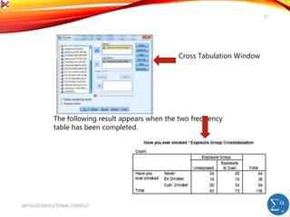 DATALOG EDUCATIONAL CONSULT
17
The following result appears when the two frequency
table has been completed.
Cross Tabulation Window
 