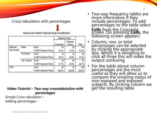 • Two way frequency tables are
more informative if they
include percentages. To add
percentages to the table select
Cells from the Crosstabs
screen. On pressing Cells, the
following screen appears.
• Column, row, or total
percentages can be selected
by clicking the appropriate
box. Whilst it is tempting to
click all three this will make the
output confusing.
• For the table above column
percentages are the most
useful as they will allow us to
compare the smoking status of
non-exposed and exposed
subjects. By clicking column we
get the resulting table.
DATALOG EDUCATIONAL CONSULT
18
Cross tabulation with percentages
Video Tutorial – Two-way crosstabulation with
percentages
Simple Cross tabulation –
Adding percentages -
 