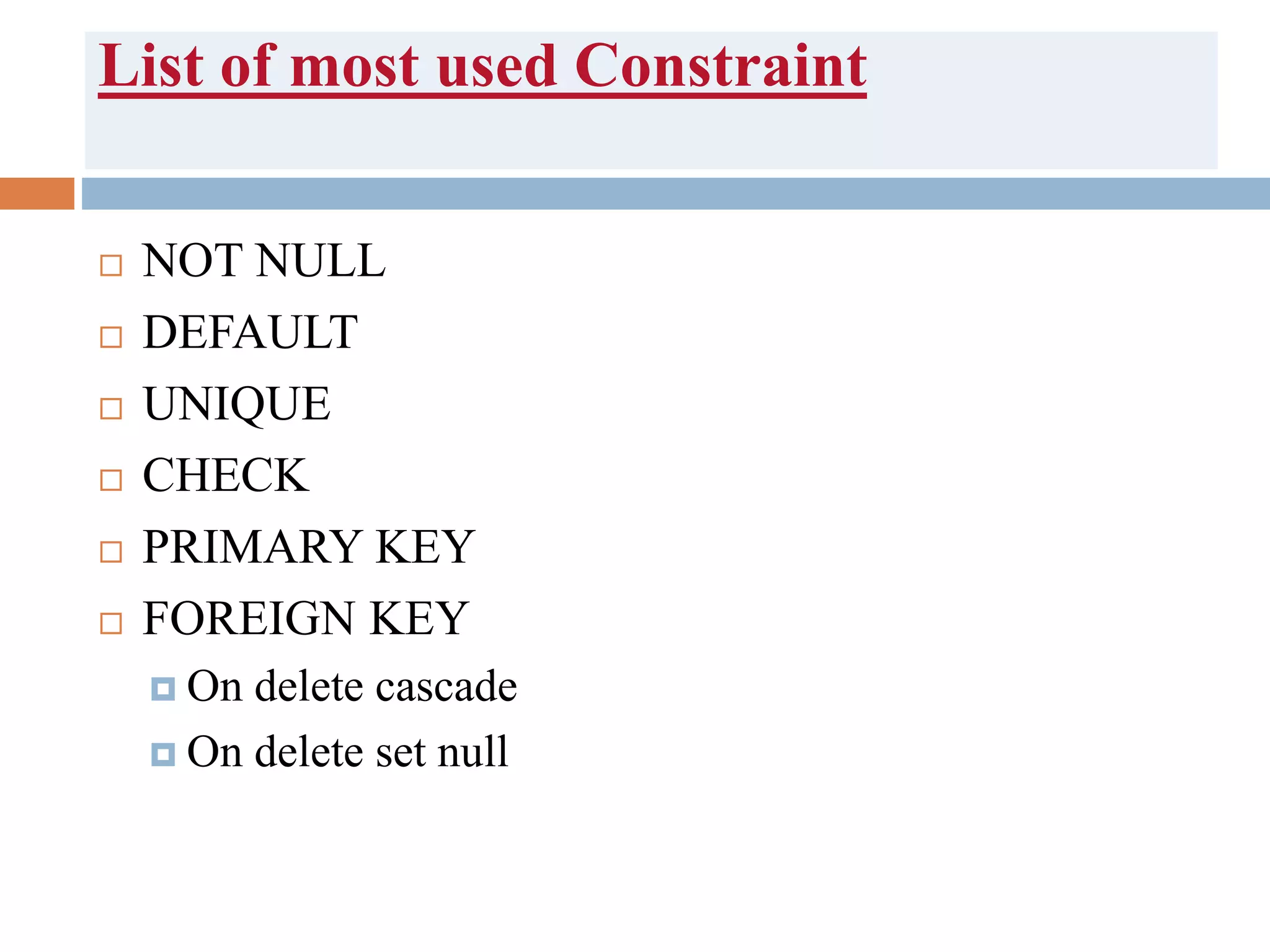 List of most used Constraint
 NOT NULL
 DEFAULT
 UNIQUE
 CHECK
 PRIMARY KEY
 FOREIGN KEY
 On delete cascade
 On delete set null
 