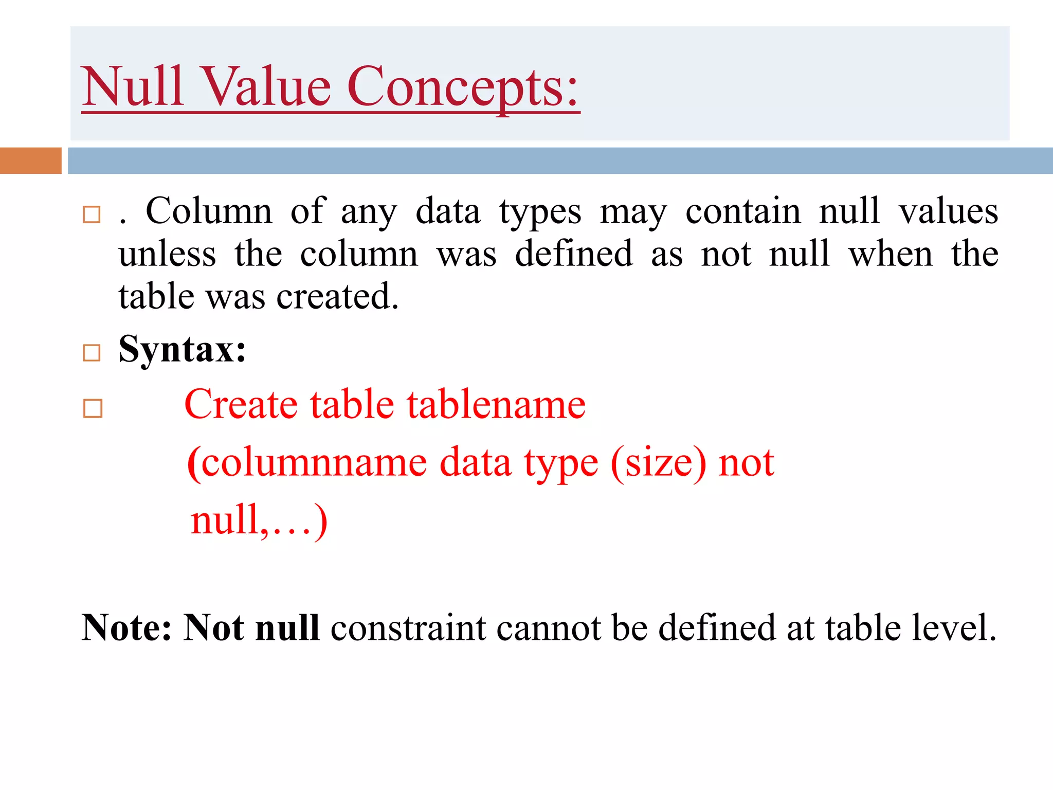 Null Value Concepts:
 . Column of any data types may contain null values
unless the column was defined as not null when the
table was created.
 Syntax:
 Create table tablename
(columnname data type (size) not
null,…)
Note: Not null constraint cannot be defined at table level.
 