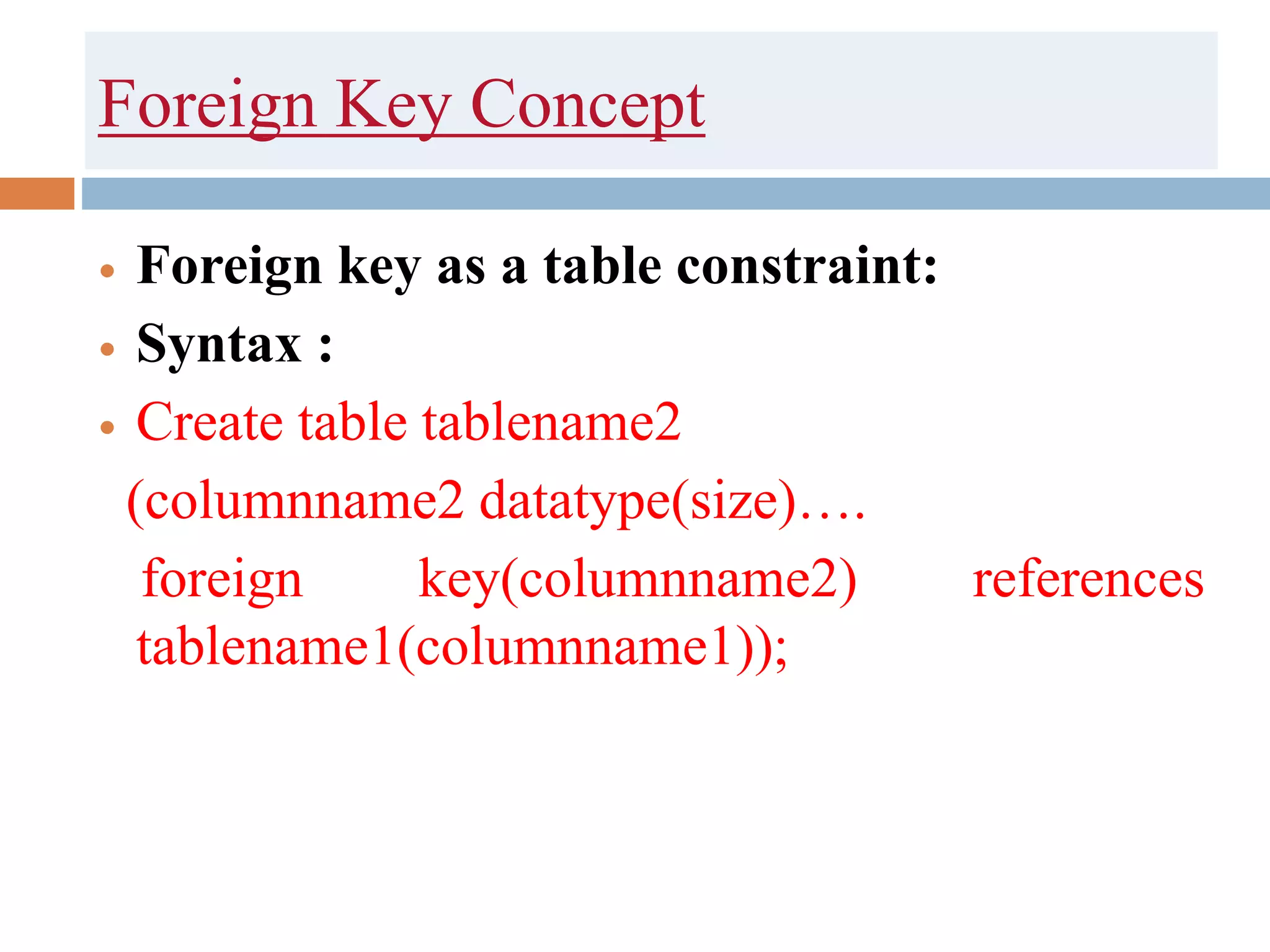 Foreign Key Concept
 Foreign key as a table constraint:
 Syntax :
 Create table tablename2
(columnname2 datatype(size)….
foreign key(columnname2) references
tablename1(columnname1));
 
