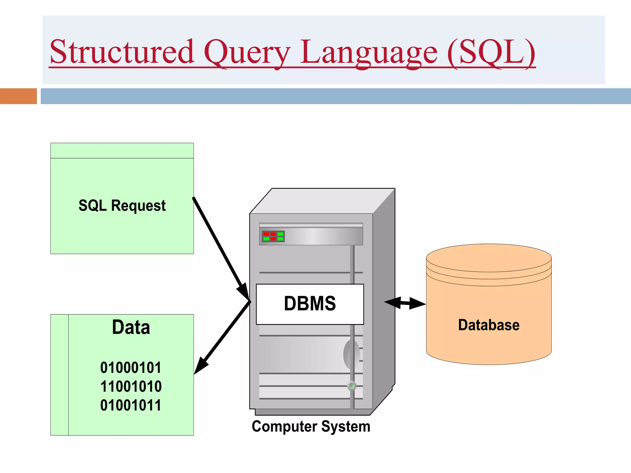 Structured Query Language (SQL)
Database
SQL Request
Data
01000101
11001010
01001011
Computer System
DBMS
 