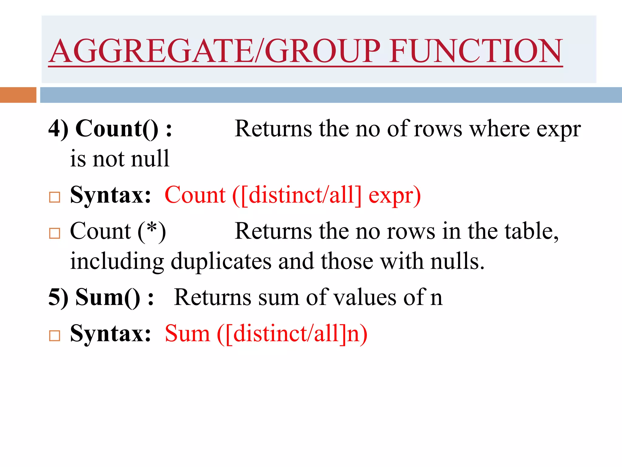 AGGREGATE/GROUP FUNCTION
4) Count() : Returns the no of rows where expr
is not null
 Syntax: Count ([distinct/all] expr)
 Count (*) Returns the no rows in the table,
including duplicates and those with nulls.
5) Sum() : Returns sum of values of n
 Syntax: Sum ([distinct/all]n)
 