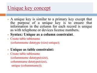 Unique key concept
 A unique key is similar to a primary key except that
the purpose of a unique key is to ensure that
information in the column for each record is unique
as with telephone or devices license numbers.
 Syntax: Unique as a column constraint.
 Create table tablename
(columnname datatype (size) unique);
 Unique as table constraint:
 Create table tablename
(columnname datatype(size),
columnname datatype(size),
unique (columnname));
 