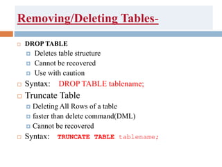 Removing/Deleting Tables-
 DROP TABLE
 Deletes table structure
 Cannot be recovered
 Use with caution
 Syntax: DROP TABLE tablename;
 Truncate Table
 Deleting All Rows of a table
 faster than delete command(DML)
 Cannot be recovered
 Syntax: TRUNCATE TABLE tablename;
 