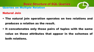 Basic Structure of SQL Queries
Queries on Multiple Relation
Natural Join
• The natural join operation operates on two relations and
produces a relation as the result.
• It concatenates only those pairs of tuples with the same
value on those attributes that appear in the schemas of
both relations.
 