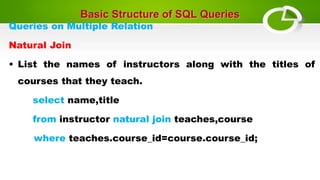 Basic Structure of SQL Queries
Queries on Multiple Relation
Natural Join
• List the names of instructors along with the titles of
courses that they teach.
select name,title
from instructor natural join teaches,course
where teaches.course_id=course.course_id;
 