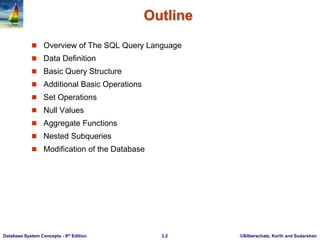 ©Silberschatz, Korth and Sudarshan
3.2
Database System Concepts - 6th Edition
Outline
 Overview of The SQL Query Language
 Data Definition
 Basic Query Structure
 Additional Basic Operations
 Set Operations
 Null Values
 Aggregate Functions
 Nested Subqueries
 Modification of the Database
 