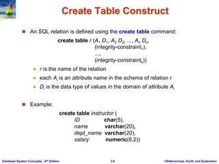 ©Silberschatz, Korth and Sudarshan
3.6
Database System Concepts - 6th Edition
Create Table Construct
 An SQL relation is defined using the create table command:
create table r (A1 D1, A2 D2, ..., An Dn,
(integrity-constraint1),
...,
(integrity-constraintk))
 r is the name of the relation
 each Ai is an attribute name in the schema of relation r
 Di is the data type of values in the domain of attribute Ai
 Example:
create table instructor (
ID char(5),
name varchar(20),
dept_name varchar(20),
salary numeric(8,2))
 