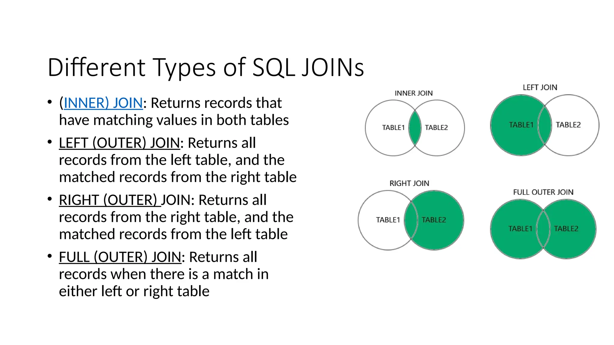 Different Types of SQL JOINs • (INNER) JOIN: Returns records that have matching values in both tables • LEFT (OUTER) JOIN: Returns all records from the left table, and the matched records from the right table • RIGHT (OUTER) JOIN: Returns all records from the right table, and the matched records from the left table • FULL (OUTER) JOIN: Returns all records when there is a match in either left or right table 